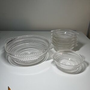 Hazel Atlas BEEHIVE Clear Glass Serving Bowl with‎ 6 Desert Bowls Vintage